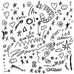 set of doodles with black marker, on a transparent background. grunge doodles in png format