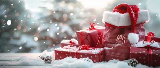 A pile of gifts wrapped in red and white paper, with hat on top, is placed next to the snow covered ground against a gray background.