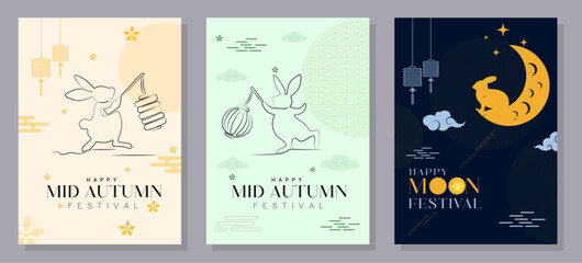 Set of Mid-Autumn Festival card designs with the full moon, rabbits, and Asian patterns. Vector illustration. Mid-Autumn Festival.