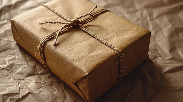 Brown paper package tied with string on crumpled surface