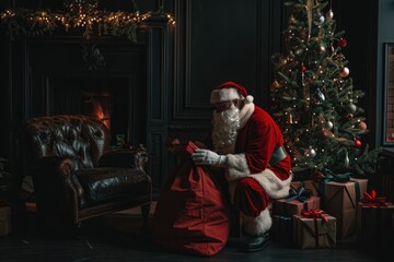 an old man is pulling out gifts from an open bag under the tree in front of him, he has his hands on it and shows us what's inside.