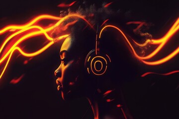 Fototapeta premium Profile of woman wearing headphones with vibrant orange and red light trails on a black background, representing music and creativity