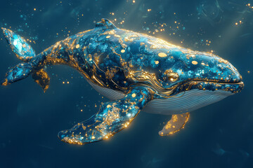 Obraz premium Stylized, abstract whales with shimmering patterns in deep blues and greens,