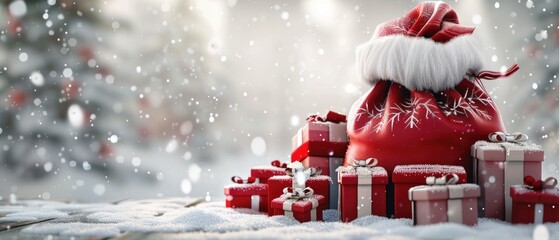 A banner with gifts in red and white, with snowflakes falling on the background. The background is gray