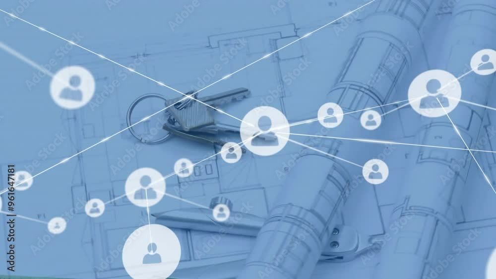 Poster blueprints and keys over network of connections and user icons animation