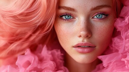 Elegant woman with striking blue eyes, pink flowing hair, wearing a ruffled pink dress, against a bright pink background, exuding charm and grace