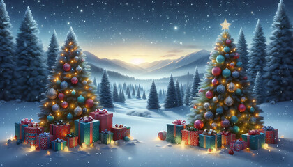 A winter landscape featuring two decorated evergreen trees adorned with ornaments and twinkling lights positioned on either side of a snowy scene