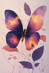 Stylized, abstract butterflies with bioluminescent wings in purple, pink, and yellow,