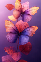 Obraz premium Stylized, abstract butterflies with bioluminescent wings in purple, pink, and yellow,