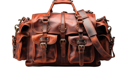 premium leather duffle bags for travel, studio view, isolated on transparent background.