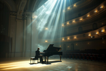 pianist at the piano in the spotlight in the concert hall