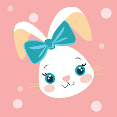 A cute little white rabbit with blue eyes, ears tied together with a blue ribbon, a light mustache, a cheerful smile, a light pink background.