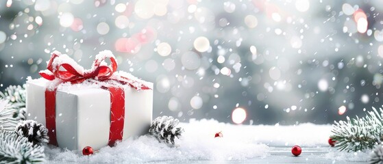 A with white gift box with red decoration and snow on grey background. Snow falling concept.
