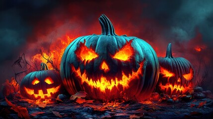Fototapeta premium Eerie jack-o'-lanterns burning under ominous sky