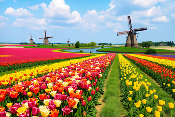 Tulip fields on a bright day with windmills in the background. AI generated