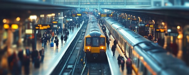 Busy train station platform with commuters and multiple trains under the station lights, captured in a vibrant and dynamic urban scene.