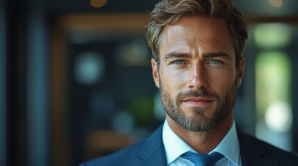 Confident man in a suit poses for a portrait in a modern office during the late afternoon