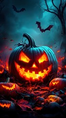 Large glowing pumpkin surrounded by smaller pumpkins