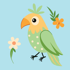 Amazon parrot, green body, light orange head, black legs, polka dot body, two wild flowers, red and light orange, cute cartoon character, cheeky vector