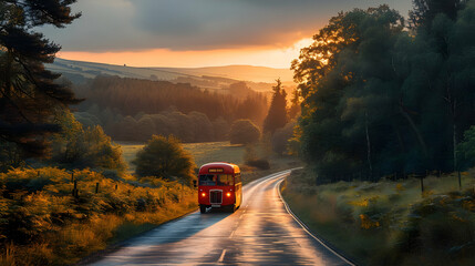 Red Bus on a Winding Road at Sunset - Realistic Image