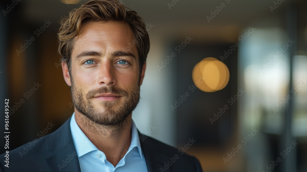 Wall mural Confident man in a suit with blue eyes smiling warmly in a modern office environment during daytime