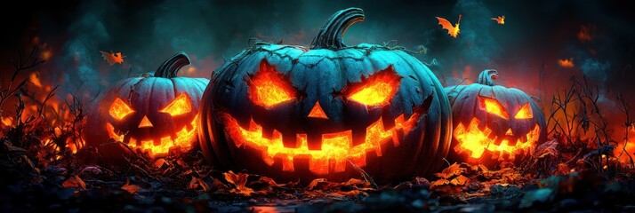 Gigantic Jack-o'-lantern glowing in a dark atmosphere