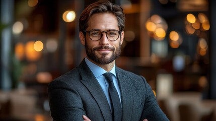 Fototapeta premium Professional man in a suit smiling confidently at a stylish café during the evening, with warm lighting and a modern ambiance