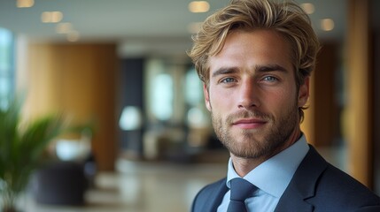 Fototapeta premium Well-dressed young man with blonde hair poses confidently in a modern office setting during daylight