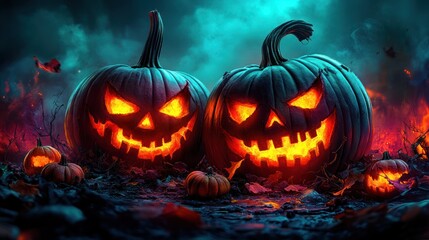 Fototapeta premium Two glowing pumpkins surrounded by smaller pumpkins