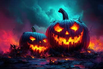 Fototapeta premium Two spooky glowing pumpkins against a stormy sky