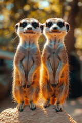 Fototapeta premium Stylized, abstract meerkats with glowing patterns in tan, brown, and cream,