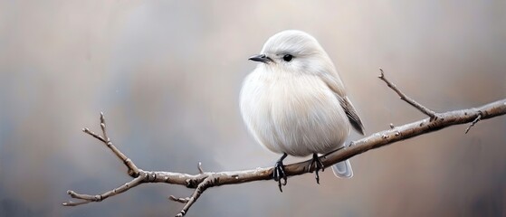  A white bird atop a tree branch against a gray backdrop