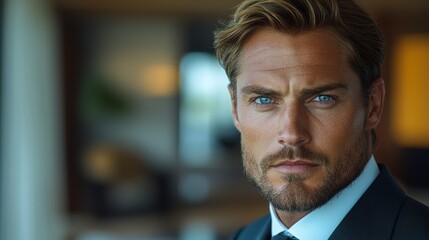 Fototapeta premium Confident man in a tailored suit with striking blue eyes poses indoors during a daytime event