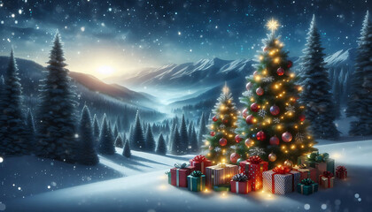 Obraz premium A winter landscape featuring two decorated evergreen trees adorned with ornaments and twinkling lights positioned on either side of a snowy scene