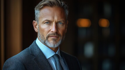 Naklejka premium Confident business professional wearing a tailored suit, gazing thoughtfully in a sophisticated indoor setting during late afternoon