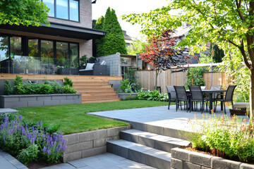 A Tranquil Backyard Retreat: Stone Steps, Lush Greenery, and a Patio Perfect for Relaxation.