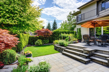 Tranquil Backyard Retreat: Lush Greenery, Stone Patio, and a Serene Atmosphere.