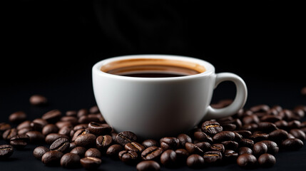 Fototapeta premium A mug of coffee and coffee beans isolated in a black background.