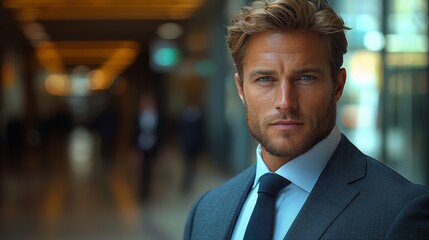 Fototapeta premium Professional man in tailored suit poses confidently in a modern office setting during daylight hours