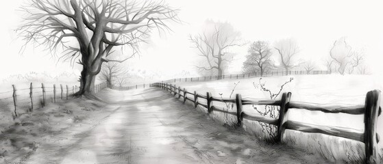  A monochrome depiction of a winding country path, flanked by a solitary tree and a fence on opposing sides