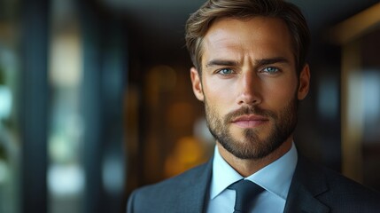 Fototapeta premium Young businessman showcasing confidence and style in a modern office environment during the day