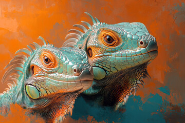 Fototapeta premium Stylized, abstract iguanas with glowing scales in green, brown, and orange,