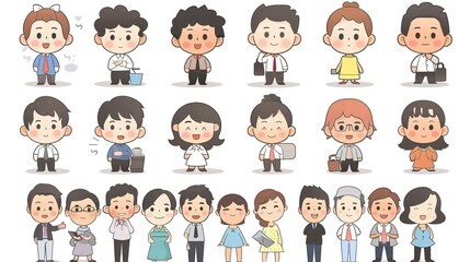 Cartoon business white - collar worker characters are busy in the office. They are wearing formal suits and ties, with briefcases in their hands. They are discussing work matters, showing professional