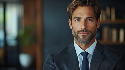Fototapeta premium Confident businessman in a well-furnished office setting during daylight hours, displaying professionalism and charisma
