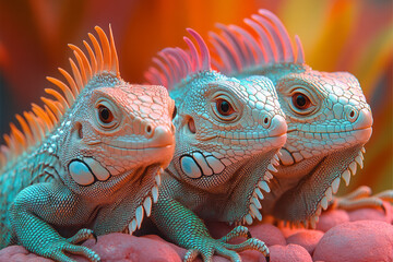Fototapeta premium Stylized, abstract iguanas with glowing scales in green, brown, and orange,