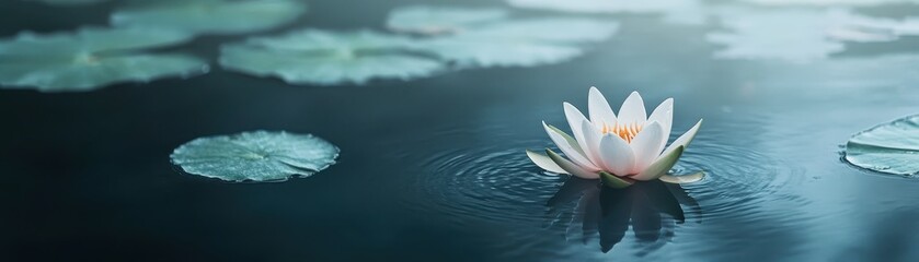 A serene white lotus flower floating on calm water, surrounded by lily pads, evoking tranquility and nature's beauty.