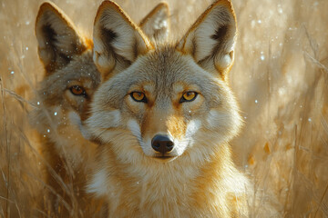 Fototapeta premium Stylized, abstract coyotes with bioluminescent details in gray, brown, and tan,