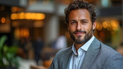 Obraz premium Confident man smiling in smart attire at a modern hotel lobby during the afternoon