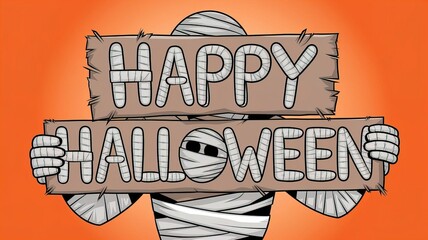 Festive halloween design with mummy holding "happy halloween" sign