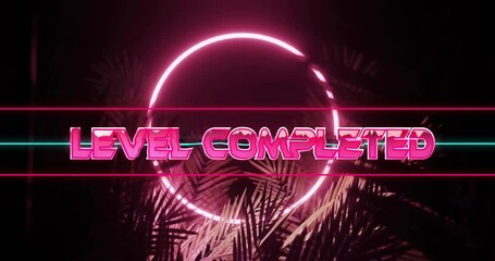 Level completed text animation over neon circle and palm leaves - Powered by Adobe